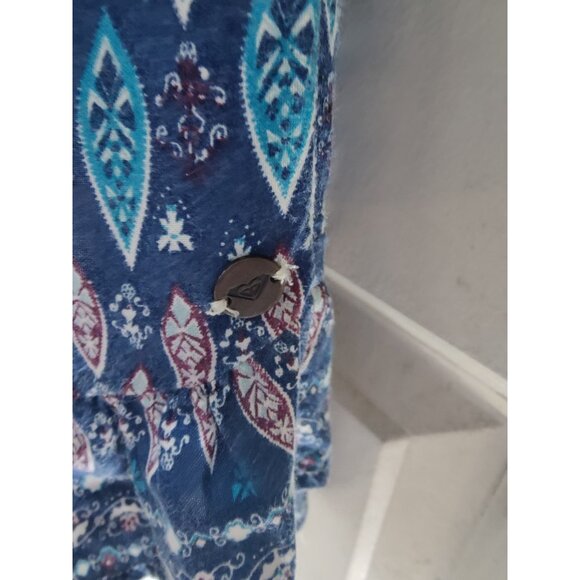 Roxy Mini Shift Dress Button-Up Ruffle Sleeve 'Bluebird' Aqua Ivory Blue S - Picture 10 of 11